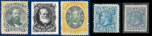 Selos de D. Pedro II das séries Barba Escura, Barba Branca e Auriverde e Selos de D. Pedro II das séries Cabeça Pequena e Cabeça Grande